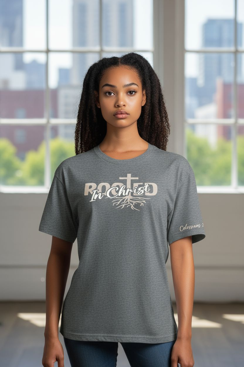 Rooted in Christ T-Shirt -- Colossians 2:7 Christian Apparel