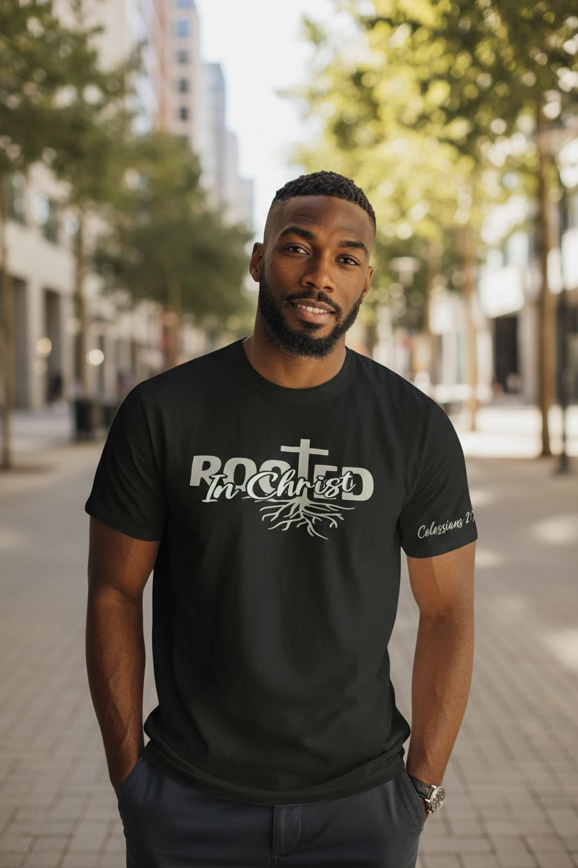 Rooted in Christ T-Shirt -- Colossians 2:7 Christian Apparel